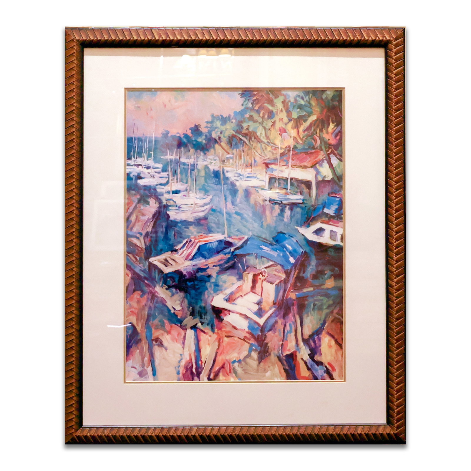 Framed Art: Abstract of a marina with lots of boats in a copper colored frame with glass. Size 38" x 31".Total Quantity: 1.