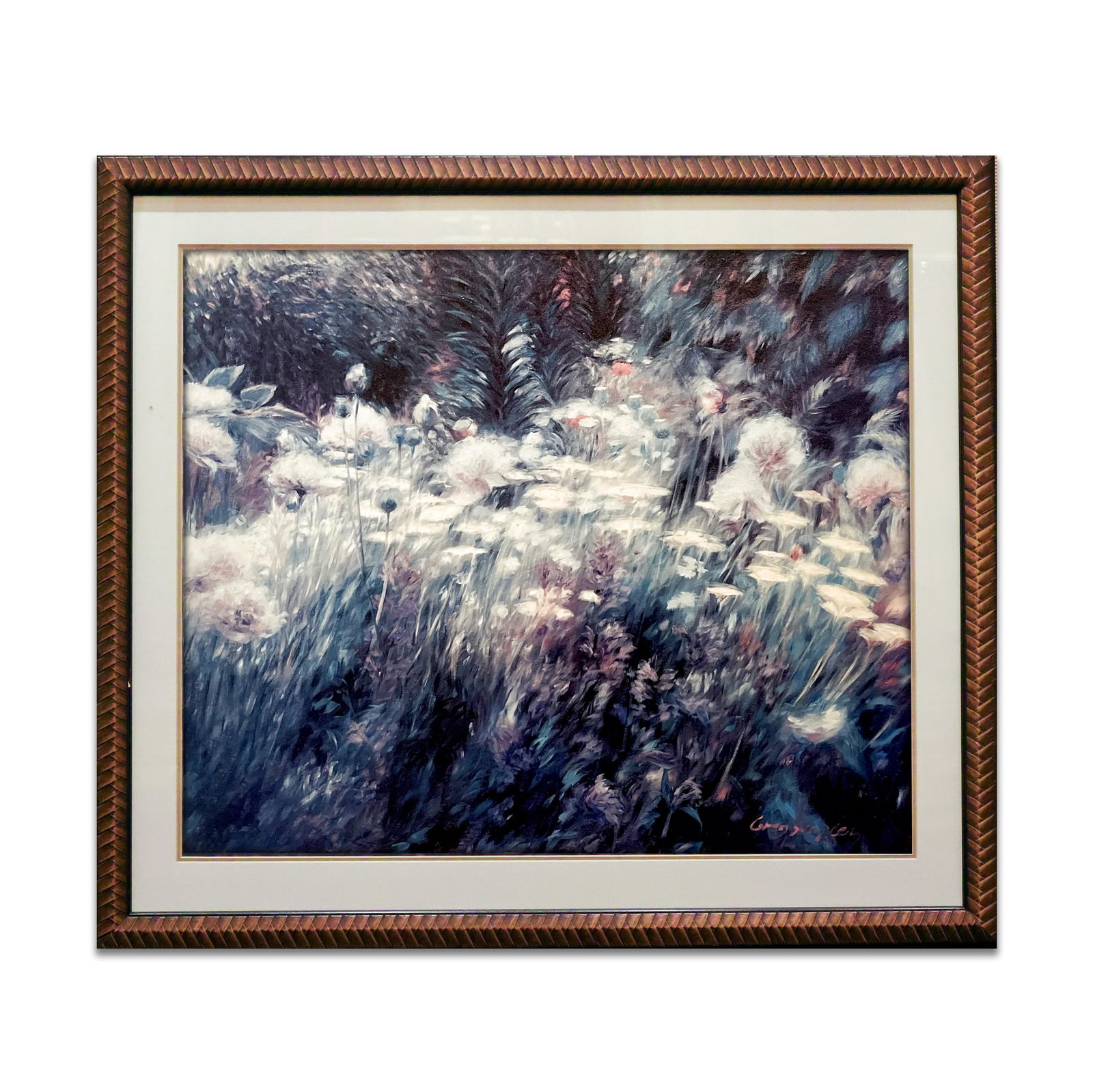 Framed Art: Artwork of plants in a field in a bronze colored frame with glass. Size 44" x 35". Total Quantity: 1.