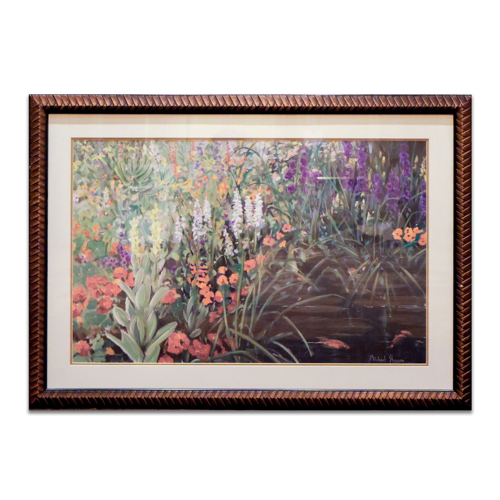 Framed Art: Artwork of a field of flowers in a bronze colored frame with glass. Size 29" x 41". Total Quantity: 1.