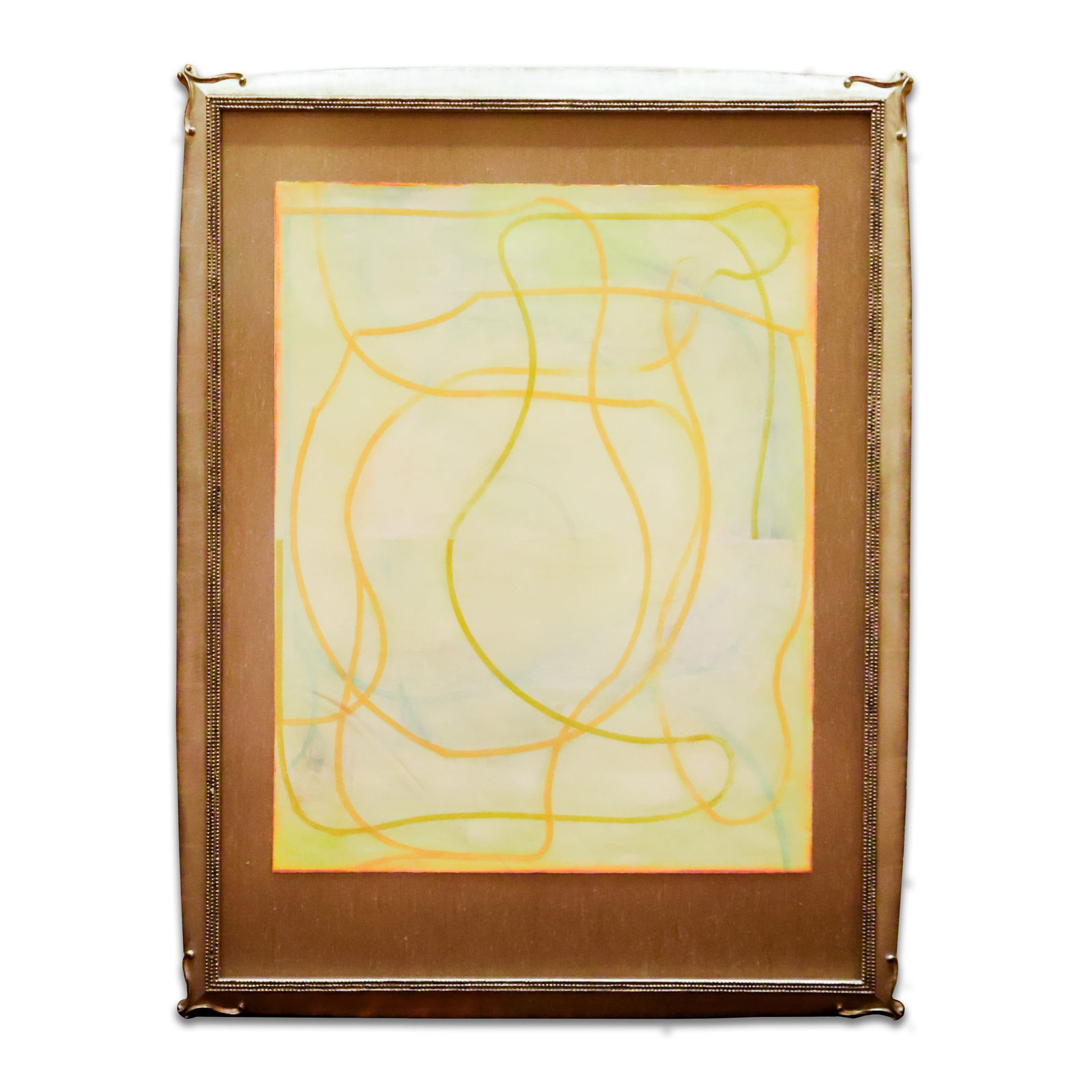 Framed Art: Artwork of abstract yellow lines in a bronze colored frame with glass. Size 52" x 39". Total Quantity: 1.