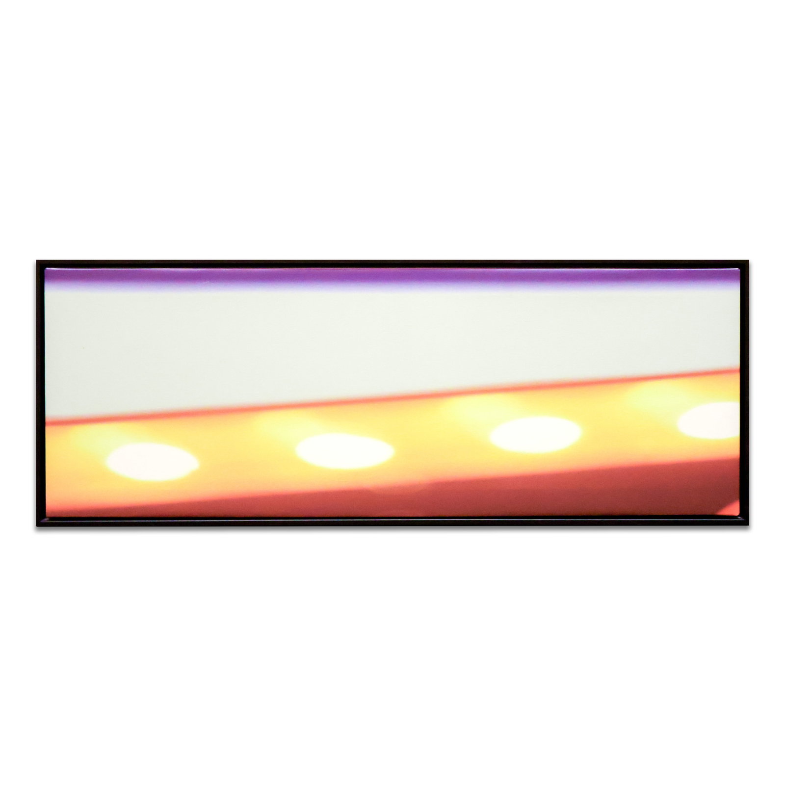 Framed Print: Artwork of white, purple, and orange lines in a black colored frame . Size 39" x 15". Total Quantity: 1.