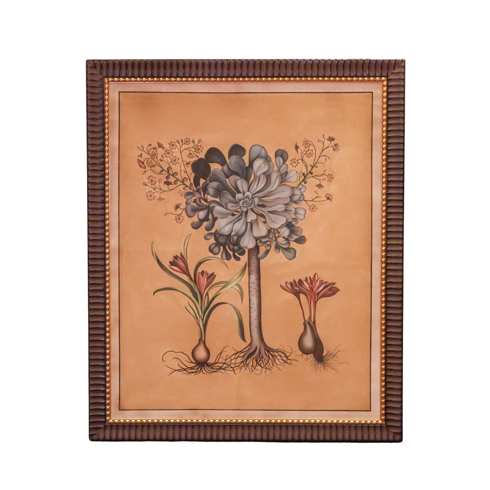 Framed Art: Artwork of plants on a tan background in a wooden antique style frame. Size 59 1/2" x 49". Total Quantity: 1.