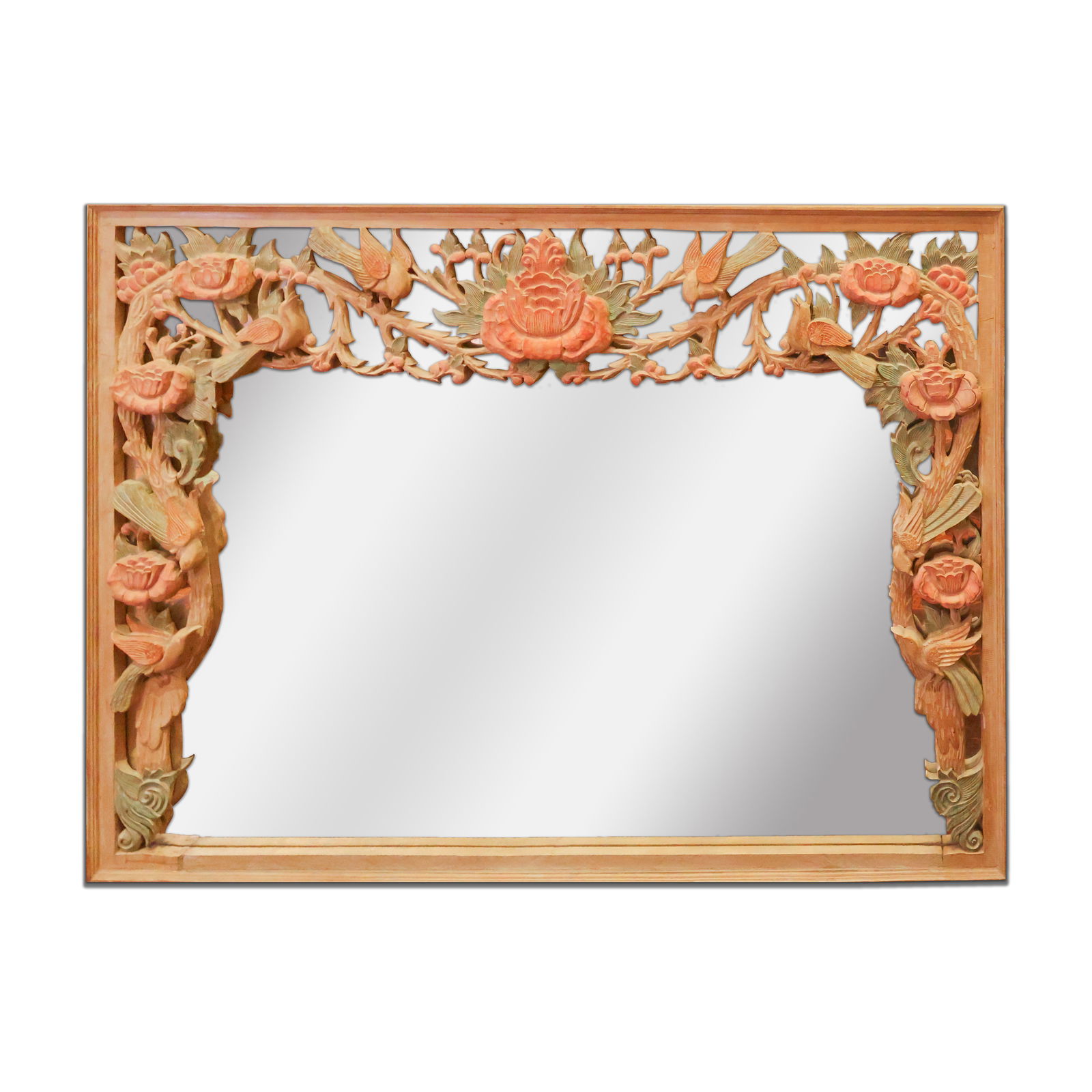 Framed Mirror: Wall Mirror with Hand carved frame of Flowers and Birds. 44" x 61"Total Quantity: 1.