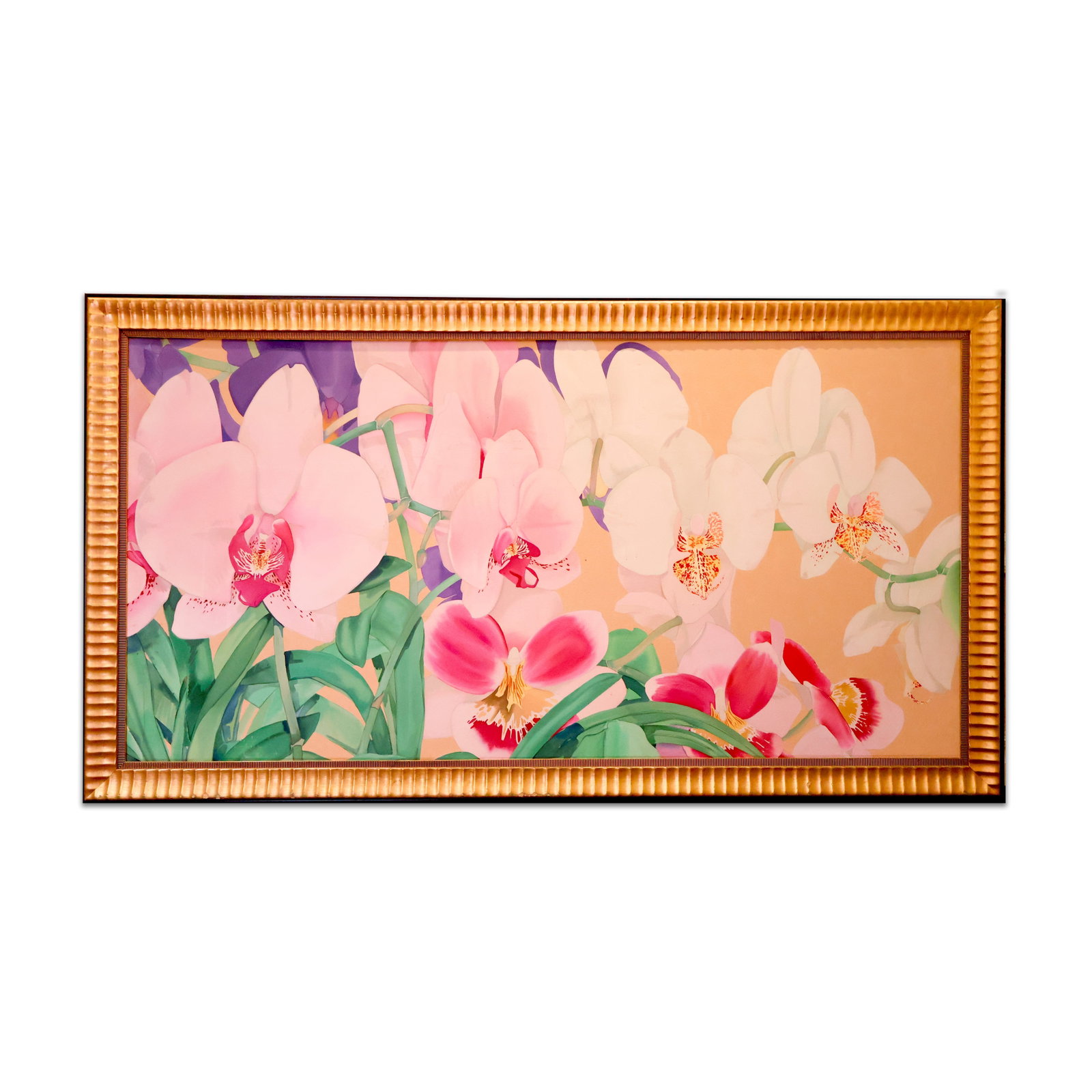 Framed Art: Artwork of orchids in a gold colored frame with plexi glass. Size 115" x 64".Total Quantity: 1.