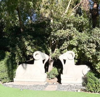 Marble carved Ram: Marble statue of a seated Ram. Graffiti in second photo is no longer on art. Size 5'1" x 2'3" x 5'3". Weight of 4,925 pounds. Total Quantity: 1.