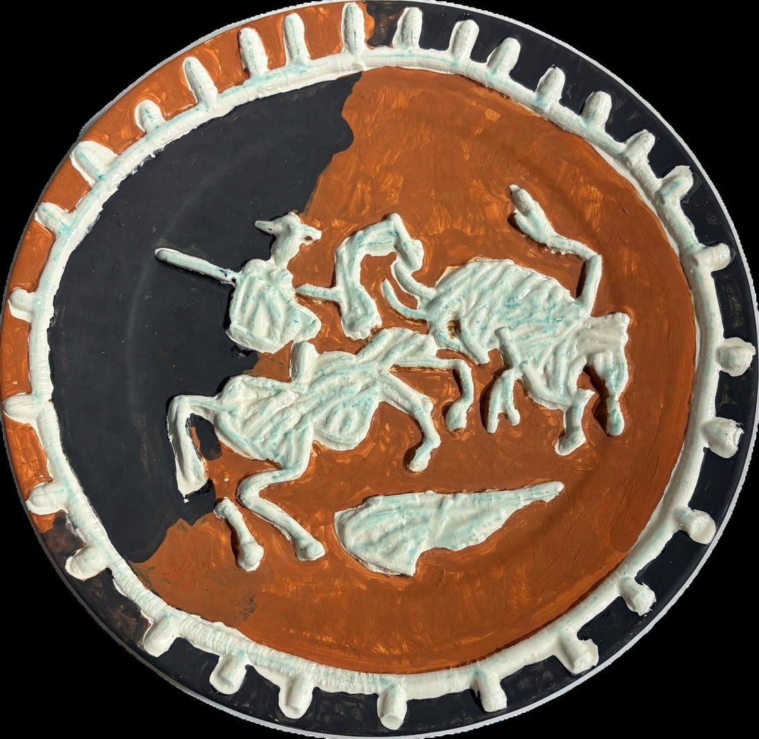 Pablo Picasso "Picador et taureau" Plate: Pablo Picasso 1881-1973 (Spanish) Picador et taureau, Executed in 1959 in an edition of 100 -RARE terre de faence plate partially glazed and painted; diameter: 43 cm numbered '27/100', stamped Madoura