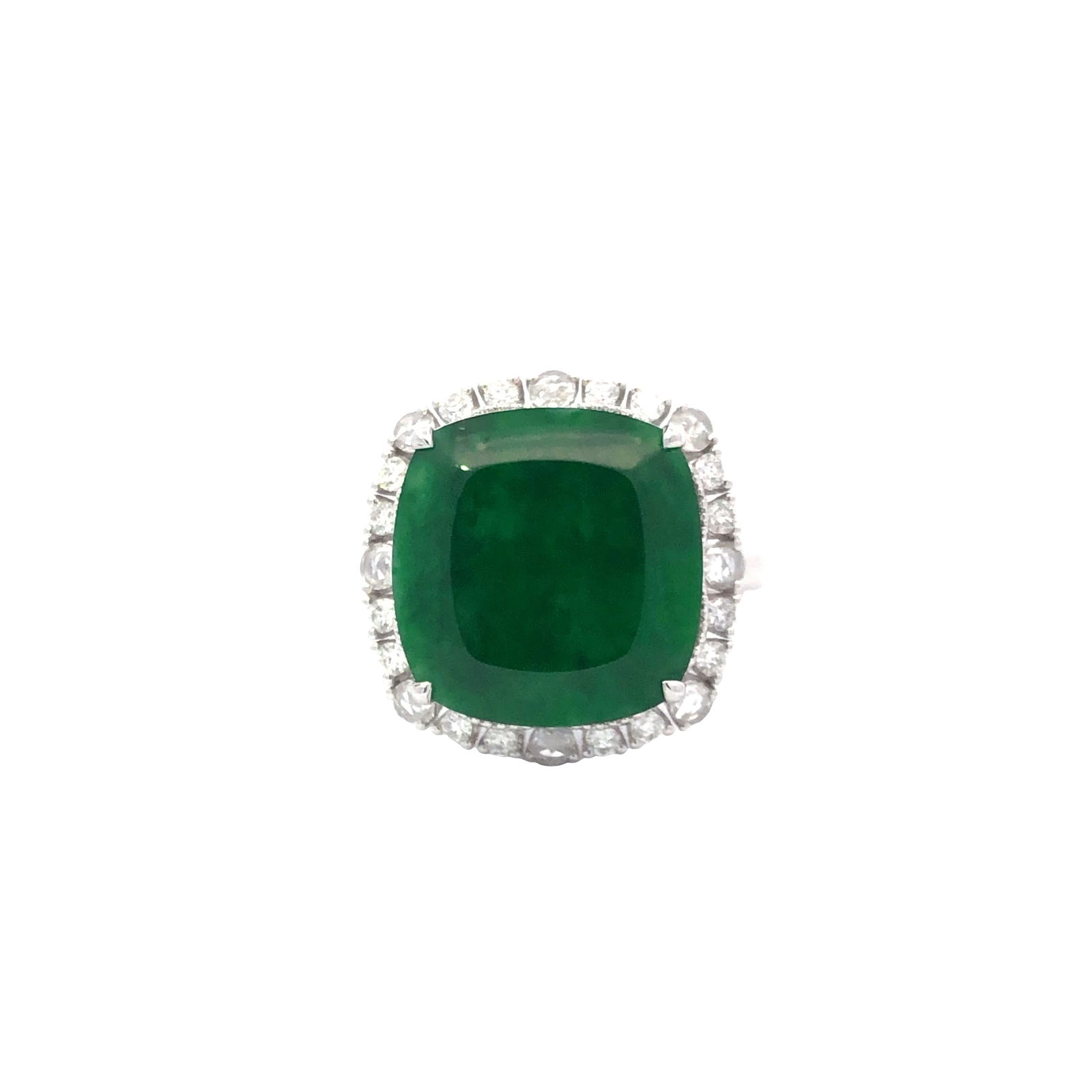 18K Imperial Green Jadeite Jade Ring with Diamonds: Item #8097 GIA Certified 18K Imperial Green Jadeite Jade Ring with Diamonds Center stone set in a white metal ring with eight (8) near colorless round rose cuts and numerous near colorless round brill