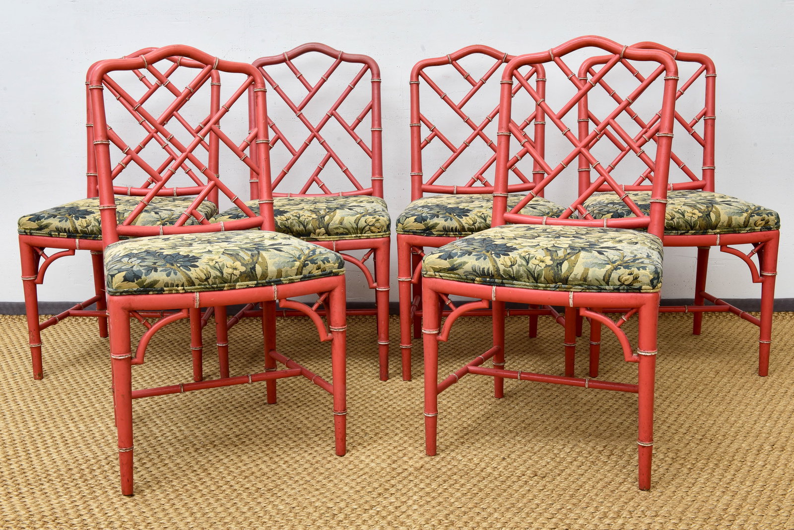 Set of Six Coral Bamboo Regency Style Side Chairs (1 of 6)