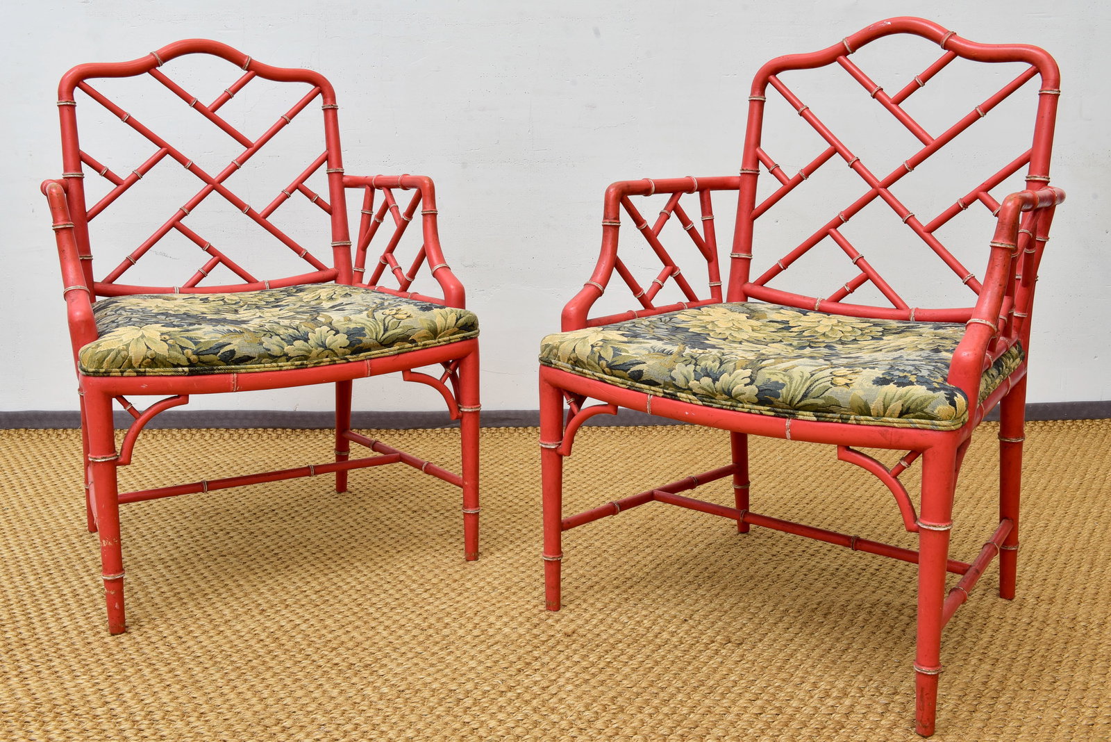 Pair of Coral Bamboo Regency Style Arm Chairs (1 of 8)