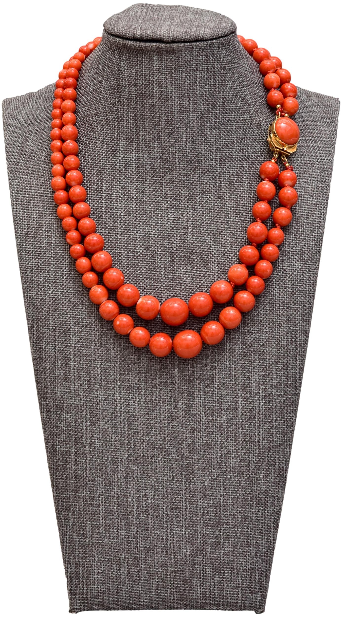 Japanese Coral Double Strand Graduated Beaded Necklace with 18K Yellow Gold Clasp (1 of 6)