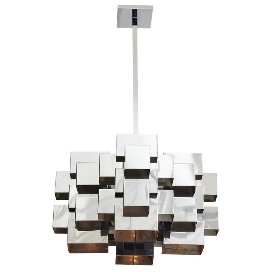 Curtis Jere Cubist Chandelier in Chrome Steel: Nickel-plated chrome steel cubist form chandelier by C. Jere for Artisan House of California, circa 1970s. From an Upper East Side Park Avenue residence. Dimensions: 21" W x 12" D x 45" H