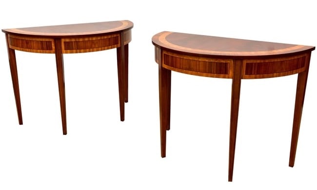 Pair of Georgian Flame Mahogany Satinwood Cross Banded Demilune Tables (1 of 10)