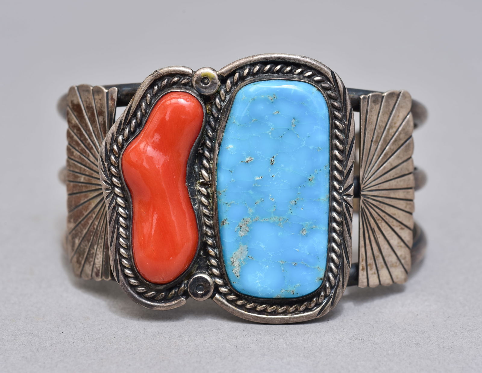 Signed ESS Edison Sandy Smith Navajo Turquoise and Coral Sterling Silver Cuff Bracelet (1 of 9)