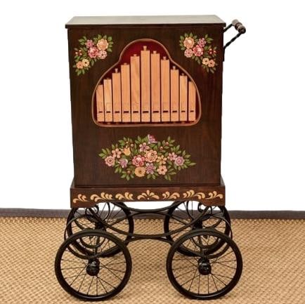 Hand Turned Calliope Street Organ: Dimensions: 28” W x 17” D x 41 ½” H