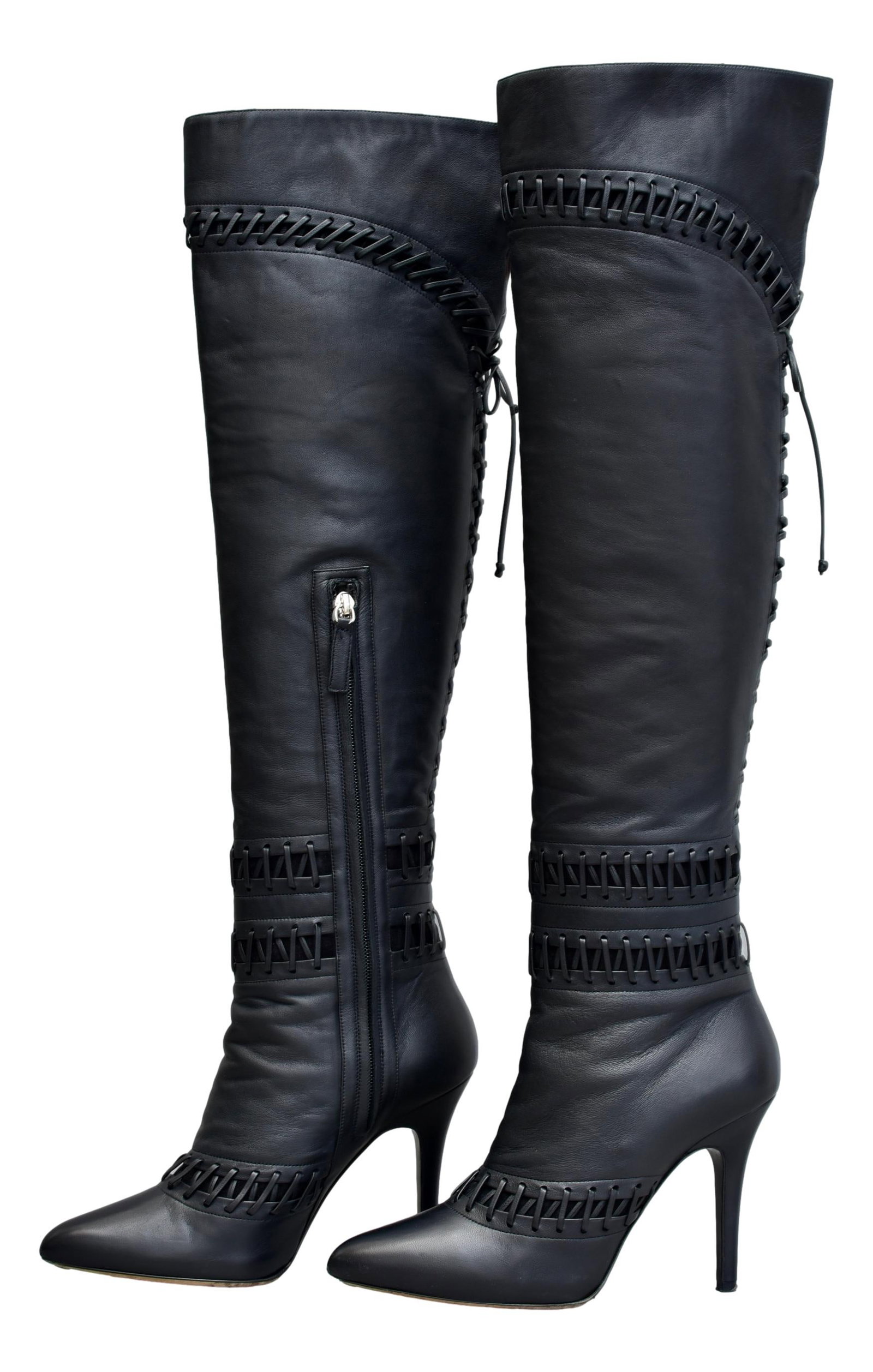 Tabitha Simmons Black Leather Over The Knee Lace Up Boots: Size 39