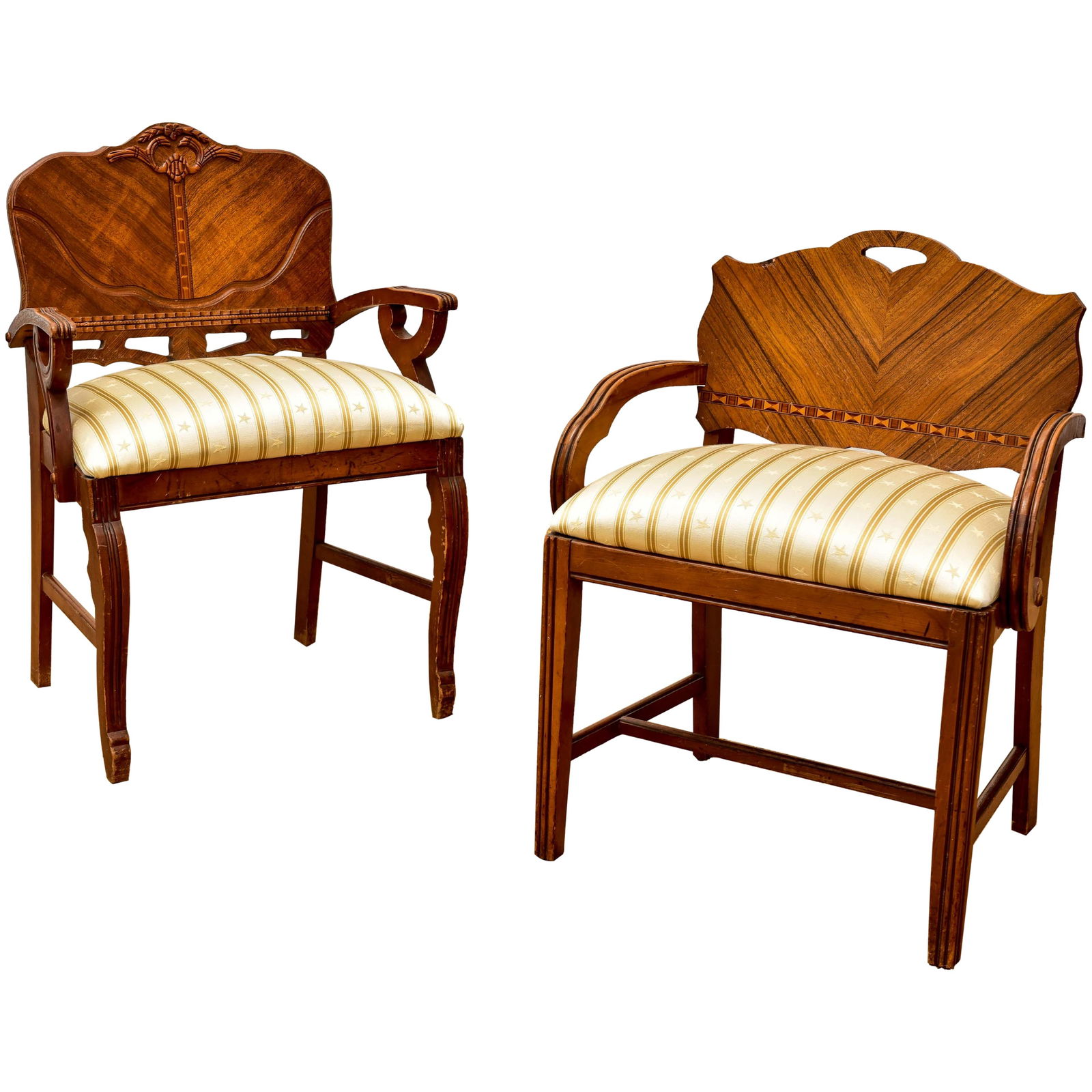 Pair of Art Deco Vanity Chairs: Dimensions: -Chair #1: 24 1/2” W x 18” D x 34 1/4” H - Floor to seat: 21” H -Chair #2: 24” W x 18” D x 31 1/4” H - Floor to seat: 21” H