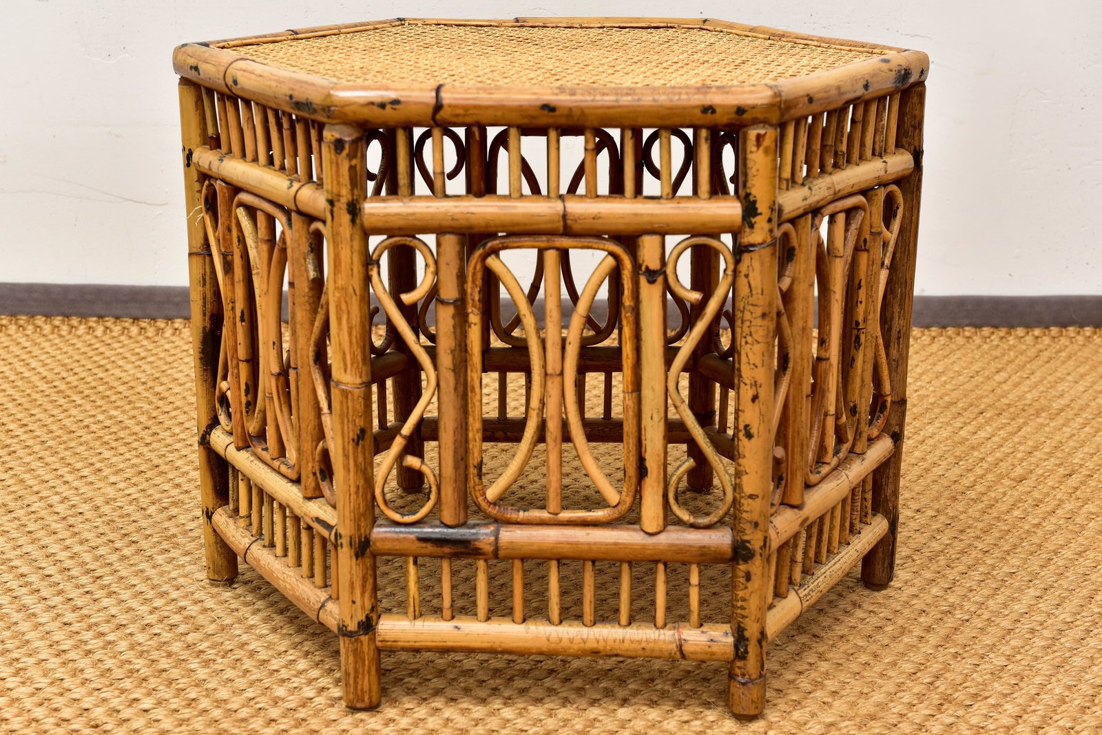 Vintage Fretwork Style Bamboo Cane Top Hexagon Cocktail Table (1 of 9)