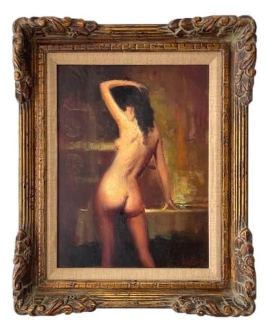 William Harnden (American, 1920-1983) Female Nude Oil On Board Painting: Oil on board painting depicting a standing nude from the back.Signed lower right. Dimensions: -Framed:21” H x 17” W -Sight:15 1/2” H x 11 1/5” W
