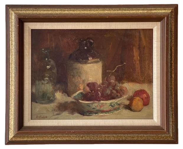 Rudolph Colao (1927 - 2014) Still Life Oil Painting On Board: Rudolph Colao was active/lived in Massachusetts, Maine. At the age of 33, in 1960, he received the Grand Prize Award at the Washington Square Art Exhibit. Texture, lighting and depth, are key features
