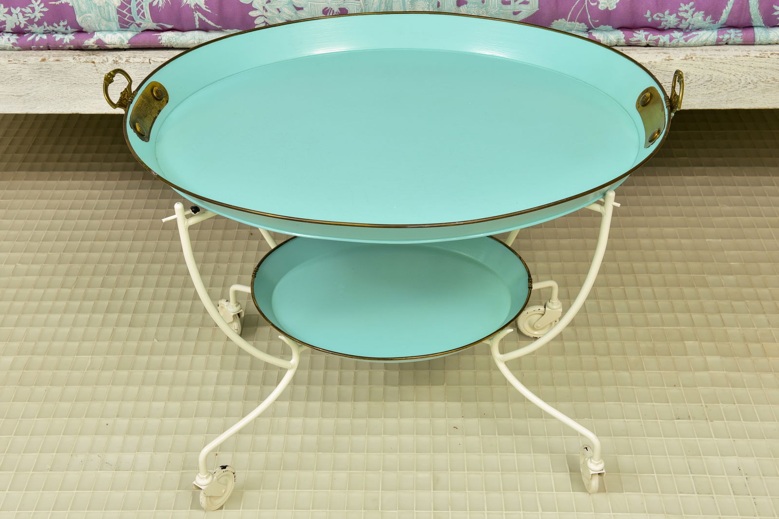 Turquoise Metal Double Tray Table On Casters: Dimensions: 27 1/4" W x 21" D x 21" H