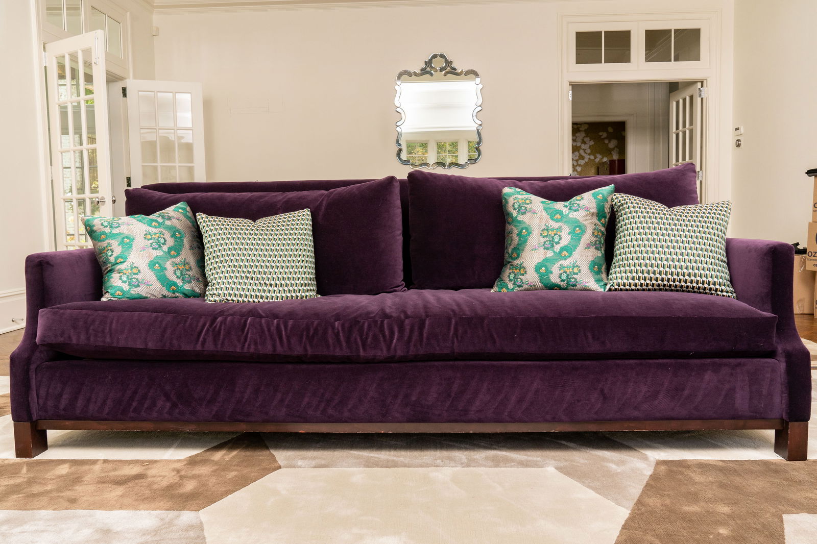 Custom Velvet Single Cushion Sofa With Decorative Pillows (1 of 20)