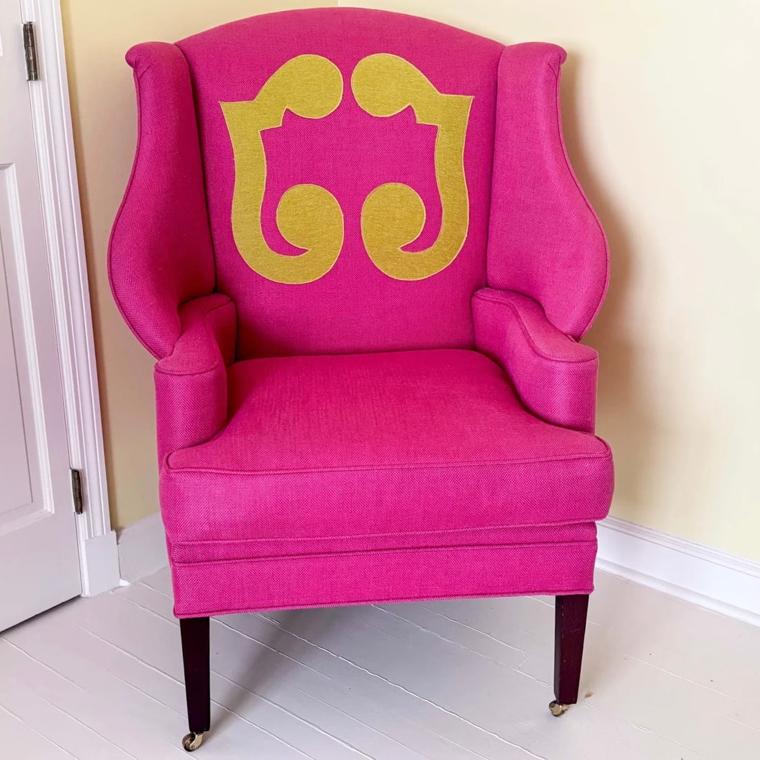 Upholstered Wingback Chair With Appliqué (1 of 2): Dimensions: 33” W x 32” D x 42” H- Floor to seat: 20”H