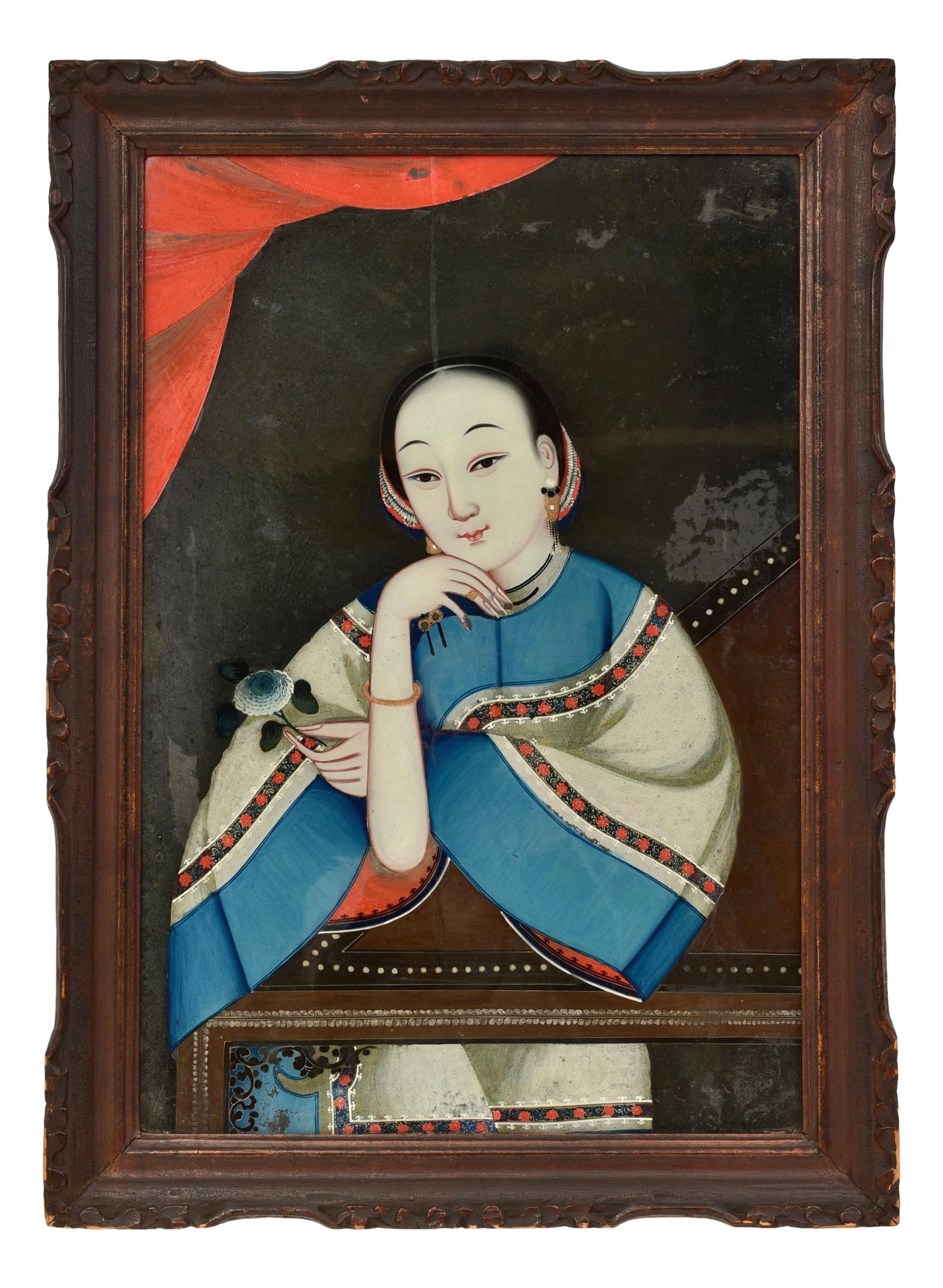 19th Century Reverse Chinese Portrait Painting On Glass: Dimensions: - Framed: 27 1/4" H x 20" W - Sight: 23" H x 15 3/8" W UPS SHIPPING: Town Auction House & Gallery will drop off your item to UPS free of charge. If you would like a shipping price quote, p