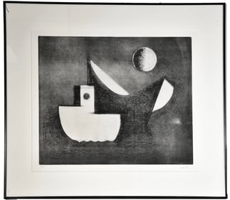 Paul Resika (b. 1928) Signed Soft Ground Etching Titled "Still Boats And Moon" Numbered 82/200
