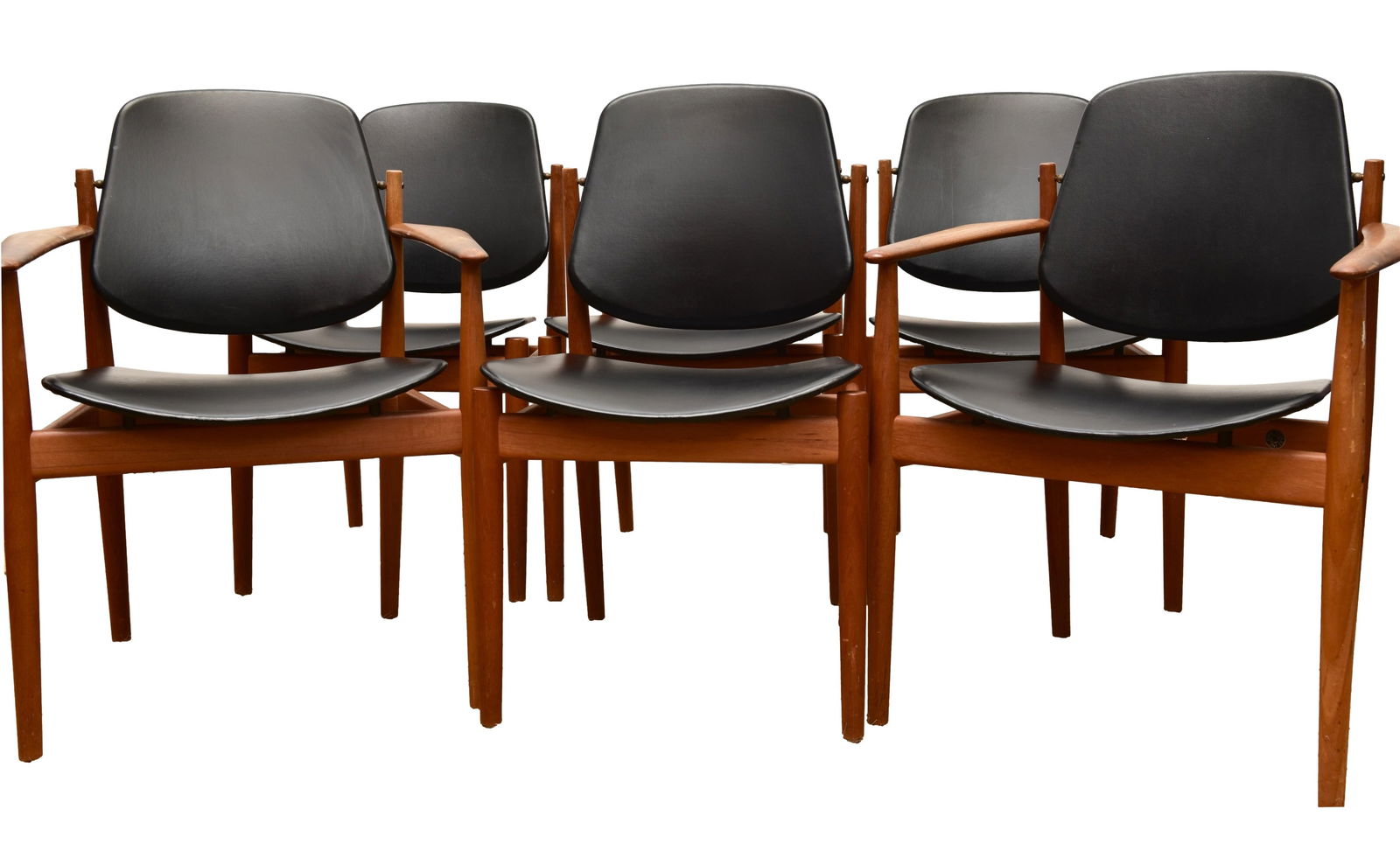 Set Of Six Danish Arne Vodder For France & Sons John Stuart Teak Dining Chairs: Designed by Arne Vodder for France & Sons and imported by John Stuart, this handsome set of six dining chairs features generous seats that float within teak frames. They are upholstered in black faux