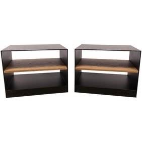 Pair Of Minimalist Iron Framed Wood End Tables