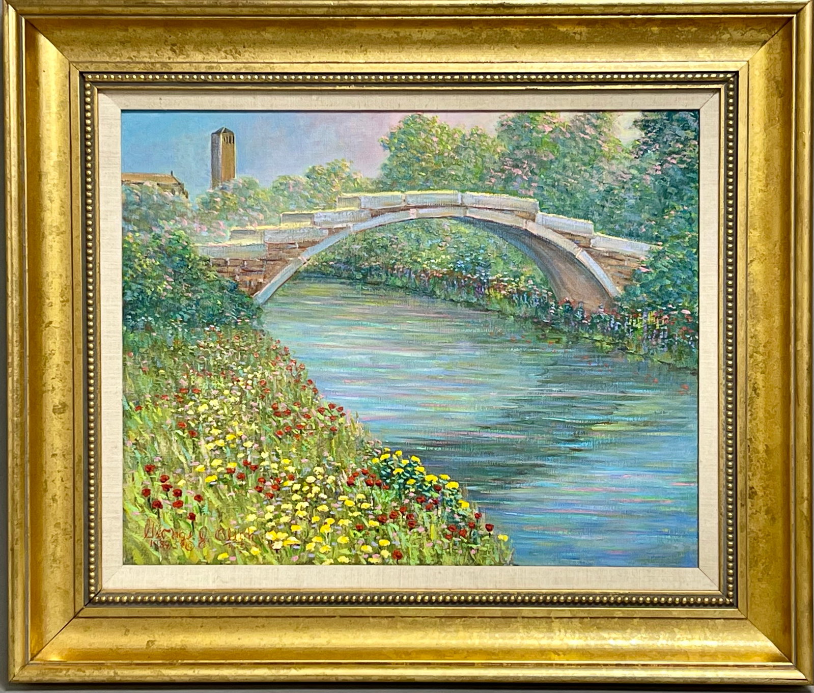 George J. Bleich (American, b.1936) Oil On Canvas Bridge Landscape: Signed and dated lower left. Dimensions: Framed: 26 1/2”H x 22 1/2”W Sight: 19 1/2”H x 15 1/2”W