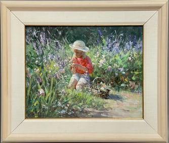 Wilson Chu (Canadian, b. 1946) “Picking Flowers” Oil On Canvas
