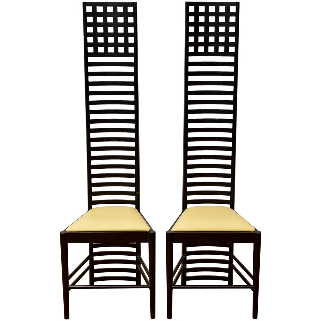 In The Style Of Charles Rennie Mackintosh Pair of Hill House Chairs: Dimensions: 16 1/2” W x 14” D x 55 1/4” H Floor to seat: 17” H"