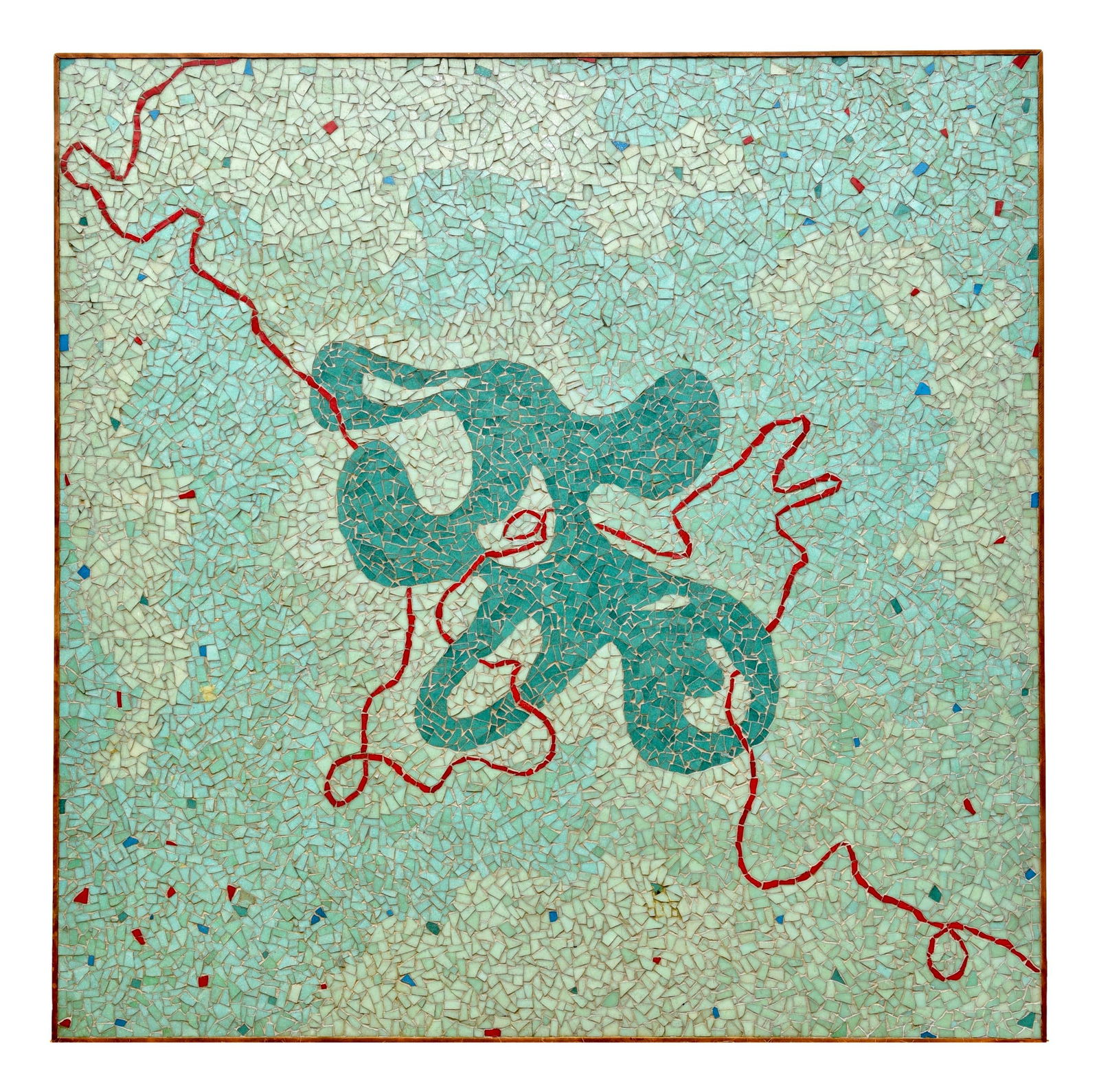 In The Style Of Evelyn Ackerman Mid-Century Modern Abstract Mosaic Tile Top Cocktail Table: Incredible mosaic tile top cocktail table with an abstract modernist design formed of inlaid glass tiles on a wooden base supported by tapered legs. A distinct piece that would compliment a variety of