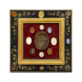 Neoclassical Grand Tour Intaglio And Cameo Arrangement In Square Hand Painted Frame