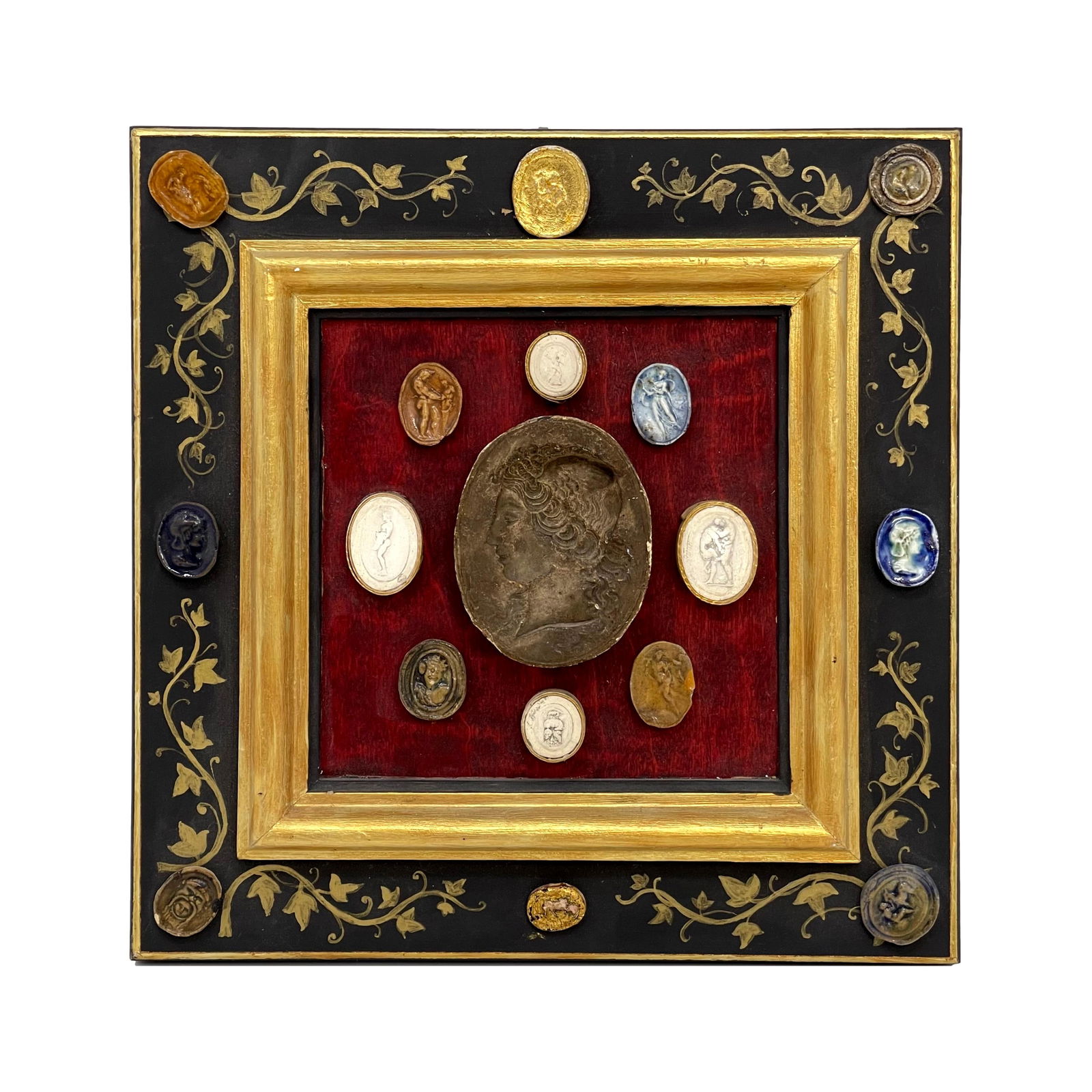 Neoclassical Grand Tour Intaglio And Cameo Arrangement In Square Hand Painted Frame (1 of 14)