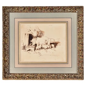 Sir Edwin Henry Landseer (1802-1875) Signed Ink and Wash Drawing Titled "Sow and Piglets Feeding"