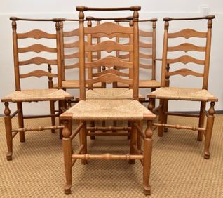 Set of Six Shaker Style Ladderback Rush Seat Dining Chairs With Unusual Crest