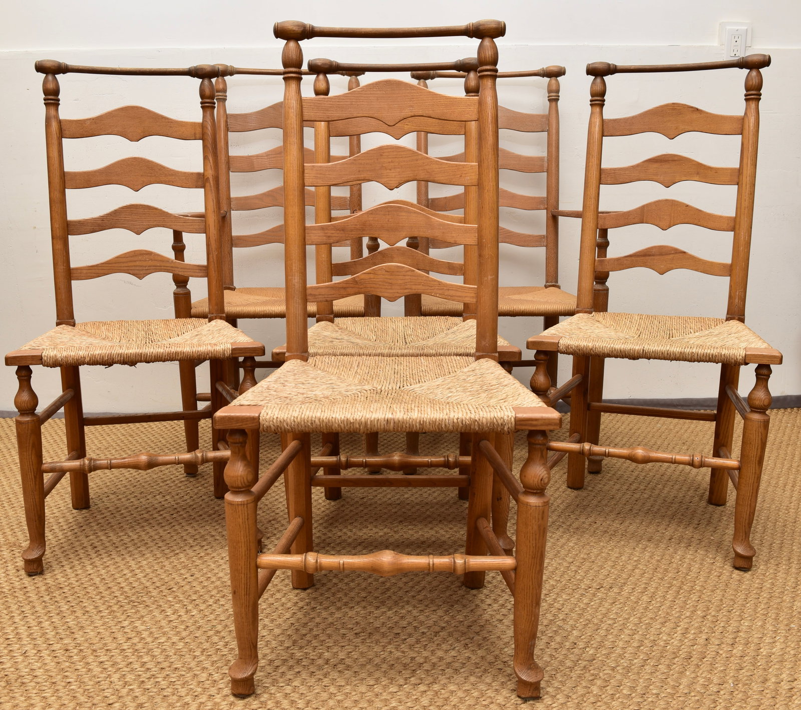 Set of Six Shaker Style Ladderback Rush Seat Dining Chairs With Unusual Crest (1 of 13)