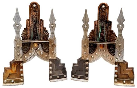 Pair Of One-Of-A-Kind Artisan Hand Made Mixed Metal Andirons