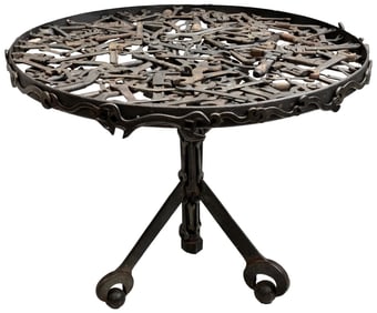 Custom Handmade Welded Iron Wrench Tool Table With Glass Top