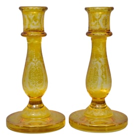 Pair of Antique Yellow Etched Candlestick Holders