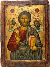 Byzantine Style Icon Depicting “Christ Pantokrator” Tempera With Gold On Old Wood