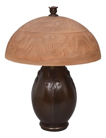 Art Nouveau Style Table Lamp With Amber Glass Etched Dome Shade