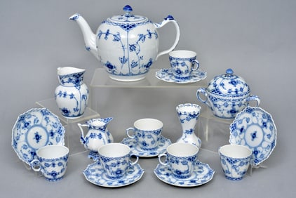 Royal Copenhagen Blue Fluted Lace Teapot, Creamer, Sugar Bowl, Demitasse Cups, Saucers and Vase