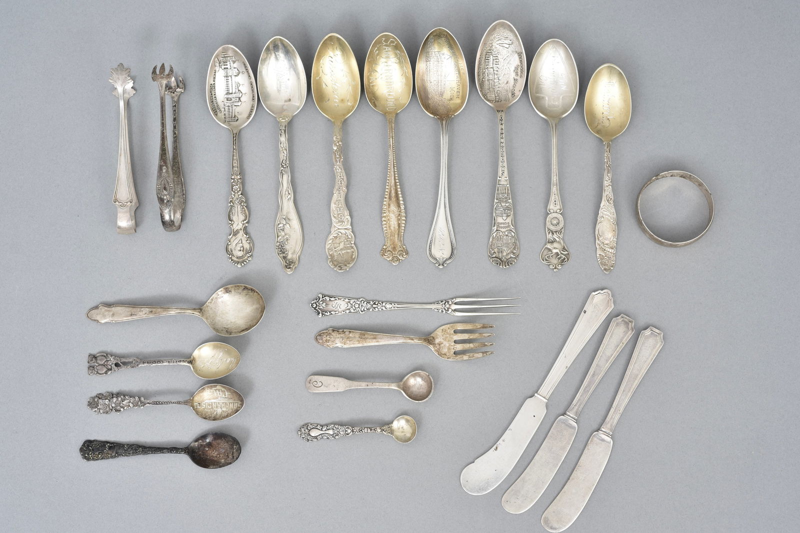 Collection of 22 Sterling Silver Souvenier Spoons, Sugar Tongs, Forks and Butter Knives (1 of 14)
