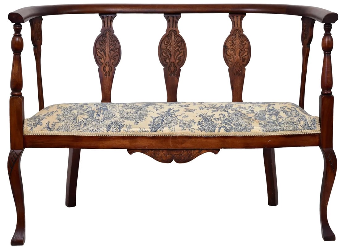 Antique Carved Wood Upholstered Settee (1 of 12)