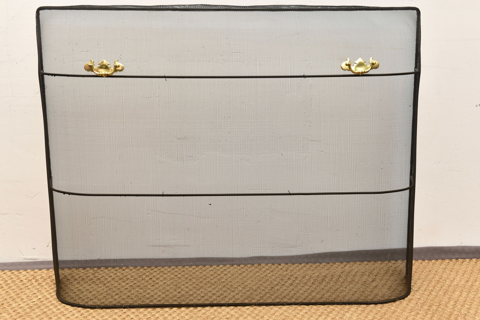 Rounded Corner Mesh Fireplace Screen With Brass Handles (1 of 4)