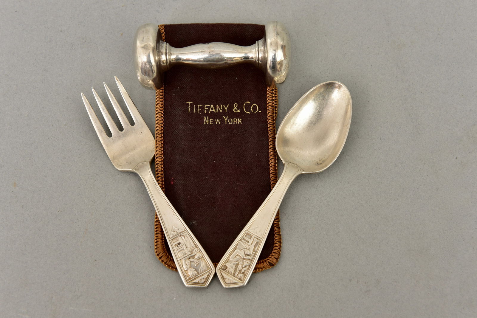 Tiffany & Co. Sterling Silver Old King Cole Nursery Rhyme Spoon Fork Set and Webster Rattle (1 of 7)