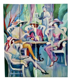 Laurant Signed Four Panel Hand Painted Screen